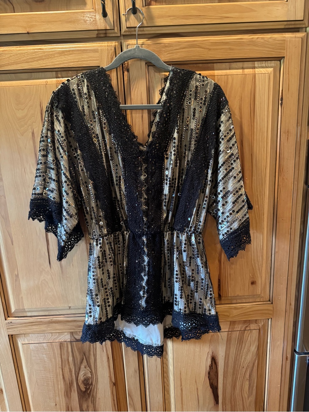 Black Lace-Trim Sequin Blouse